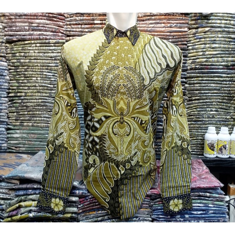 batik warna olive premium  lengan panjang pria  lapis puring bahan doby ful puring badan batik kanto