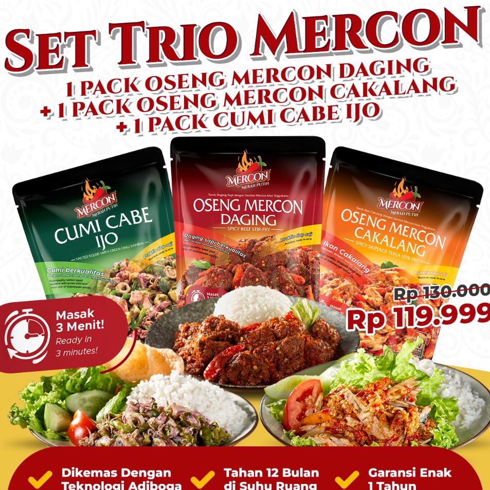 

SuperSale Mercon Merah Putih Set Trio Mercon Oseng Mercon Daging Cumi Cakalang