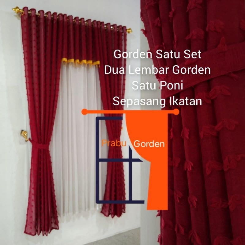 Gorden Satu Set Poni Rumbai Atas Pintu Ruang Tamu Bahan Pitrase Ruby Merah