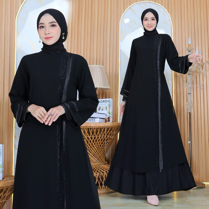GAMIS ABAYA TURKEY BORDIR BELAH SAMPING FULL HITAM MEWAH TERLARIS DIVVSAA.COLLECTION-Belah Pita