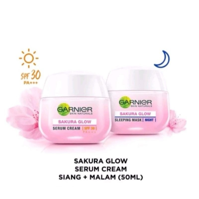 Paket Garnier Sakura Glow Kit Day &amp; Night Cream 50G - Moisturizer Skincare Krim Siang Malam (Light complete)
