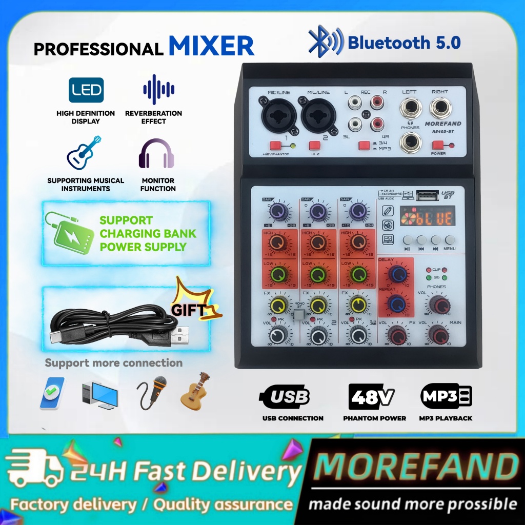 Morefand Mixer Audio Profesional kecil 4 Saluran Mendukung pemutaran Bluetooth/USB/PC/MP3 penggunaan
