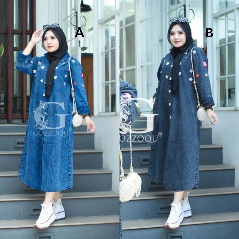 AIRA LONG TUNIK by GOZZO Mutiara Bunga matt Denim Hitam Biru DRESS LEBARAN