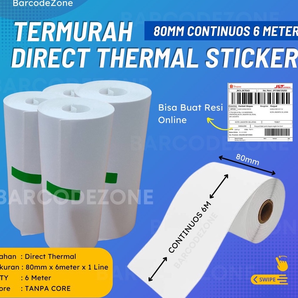 

Super Jaminan KERTAS LABEL STICKER THERMAL Continuous 8mm x 37mm Core 1mm 6 Meter