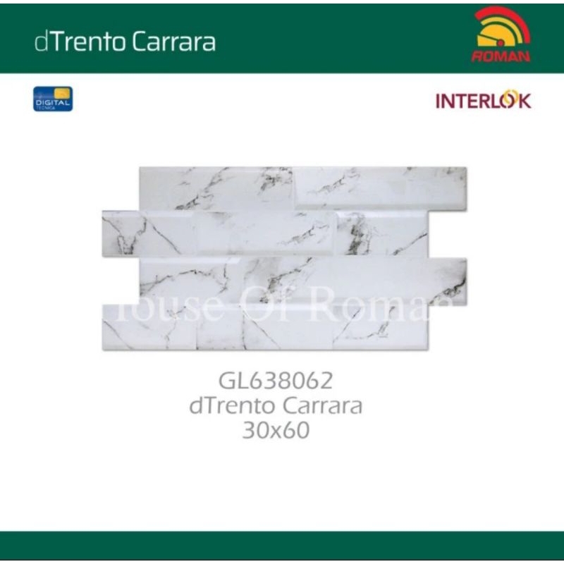 Roman Interlok Marble Mood GL638062 dTrento Carrara 60x30 / keramik bata putih / keramik bata / kera