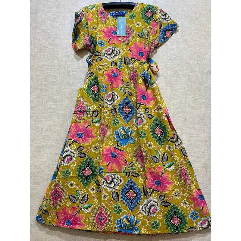 Motif Kembang Terbaru Kencana Ungu Asli Label Biru Daster Terlaris 4Tali Pinggang Ld 100 cm-Daster B