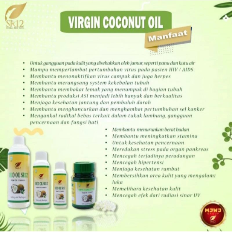 

VCO SR 12/ VIRGIN COCONUT OIL/ MINYAK KELAPA MURNI/ MINYAK BANYAK KHASIAT