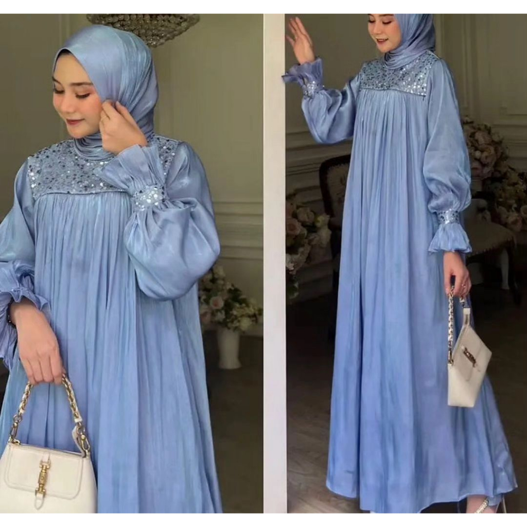 Dress / Gamis Shimer Untuk Emak Ibu Jumbo Warna Biru Langit Muda Mewah Kekinian 2024 2XL 3XL 4XL LD 