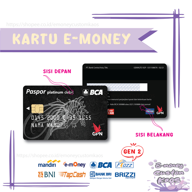 KARTU EMONEY CARD PASPOR PLATINUM HITAM MANDIRI FLAZZ BCA GEN 2 BNI TAPCASH BRIZZI BRI - 2 SISI