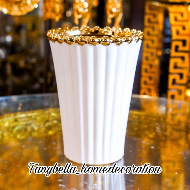 Vas Bunga Keramik Gold Putih Emas Guci porselen Kaca Dekorasi Rumah/FANYBELLA