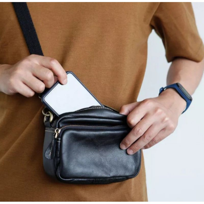 Tas mini selempang pria / tas pinggang kulit sapi asli