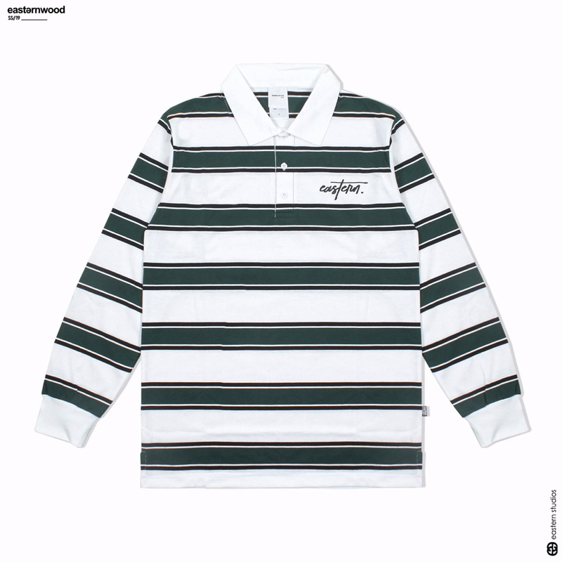 Rugby Shirt  Lengan panjang Polo Shirt Polo Lengan Panjang Stripe Gren White