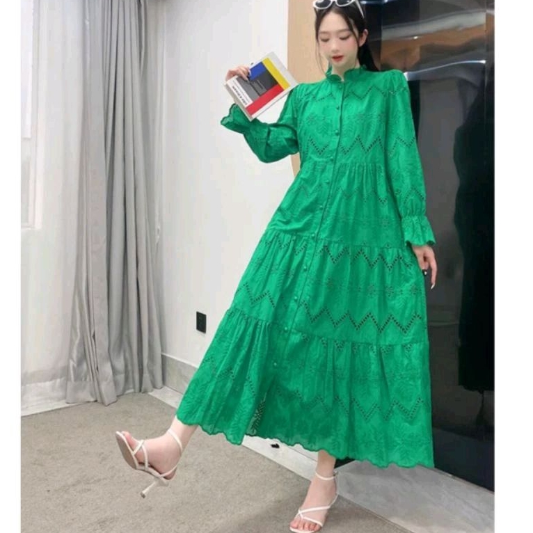 59008 Baju KALILAH EMBROIDERED COTTON TIERED KATBOL katun bolong Maxi dress hijau hitam putih mocca 