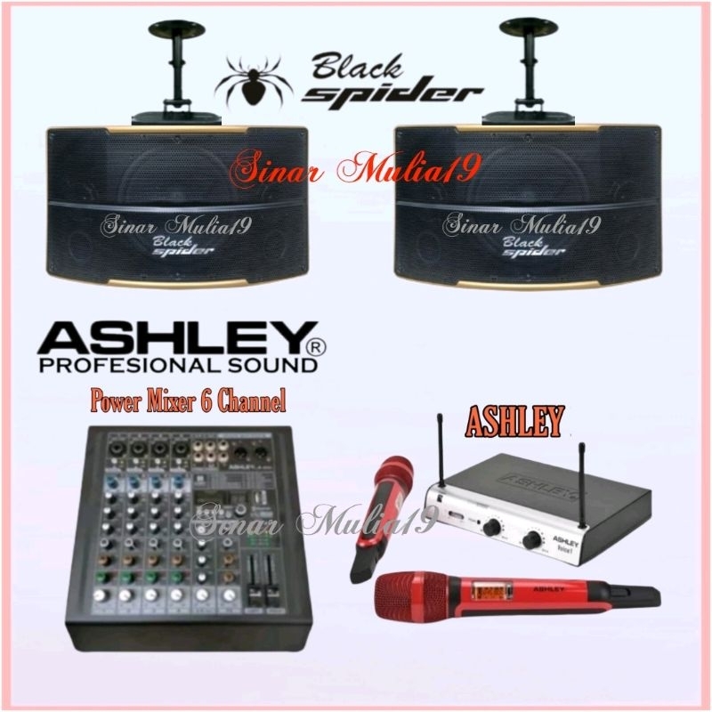 Paket Karaoke Power Mixer Ashley 6 Channel Original Speaker 10 Inch Blackspider Mic Wireless Ashley 