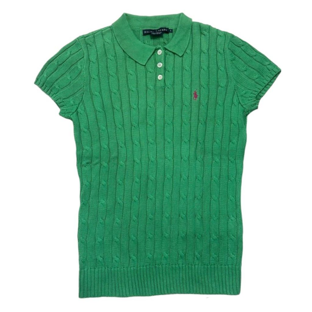 Polo Ralph Lauren Cable Small Logo Front Buttoned Knit Collared Top | Polo puff emboss kepang kabel 