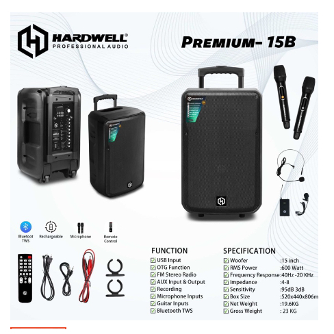 speaker portable hardwell premium 15b original 15 inch speaker hardwell premium 15