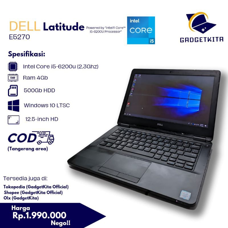 Laptop core i5 Gen 6 Ram 4/512GB - Dell Latitude E5270 bekas