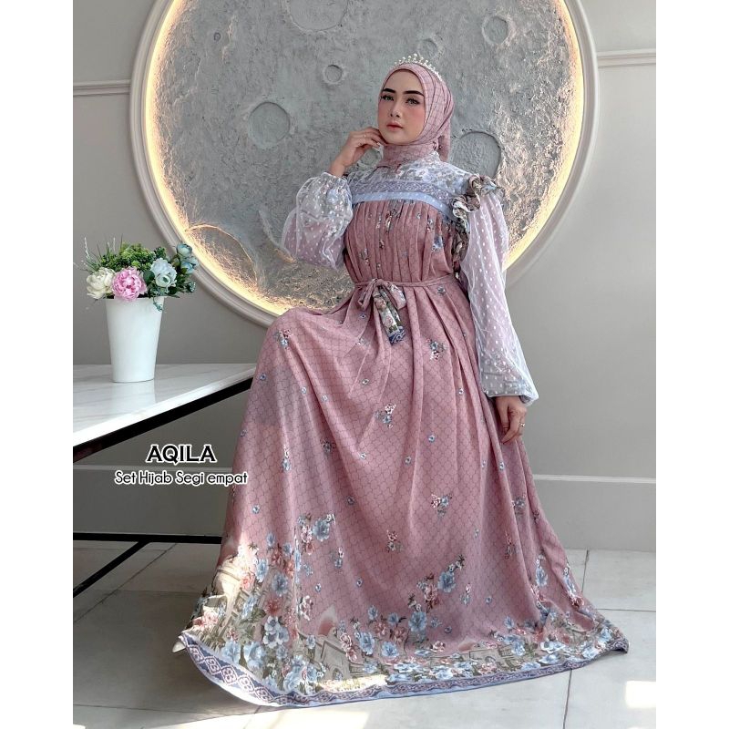 Baju Bilqis Gamis Malaysia Terbaru 2024 Muslim Muslimah Gamis Ibu ibu Terbaru Set Hijab Empat Ceruty