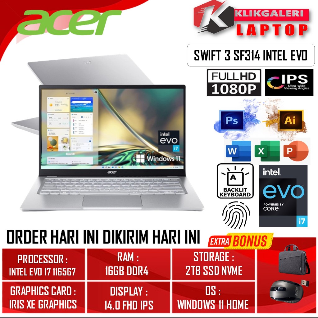 Laptop Acer Swift 3 Terbaru SF314 INTEL EVO i7 1165G7 Ram 16GB DDR4 2TB SSD NVME FHD IPS Backlight W