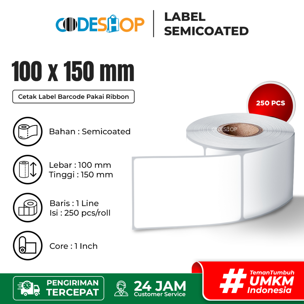 

Label Semicoated 100x150 mm Stiker Core 1" 250 PCS Printer Barcode Zebra Kassen