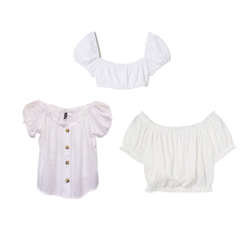 H&M WHITE SABRINA CUT OFF SHOULDER CROP TOP BUTTON LONGSLEEVE HNM