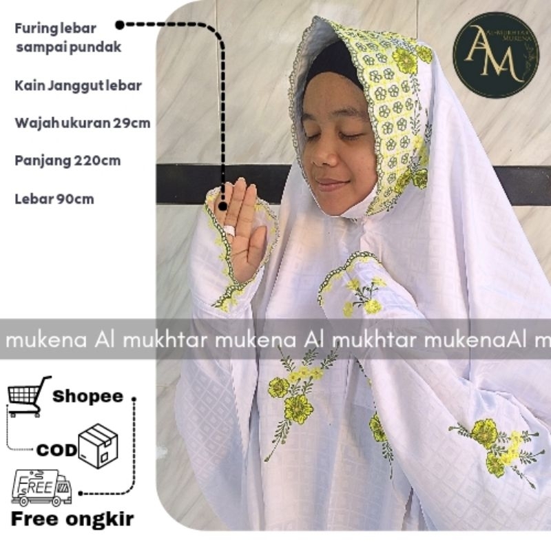 Mukena Almukhtar bahan semi sutra bordir halus  ukuran remaja model lajuran