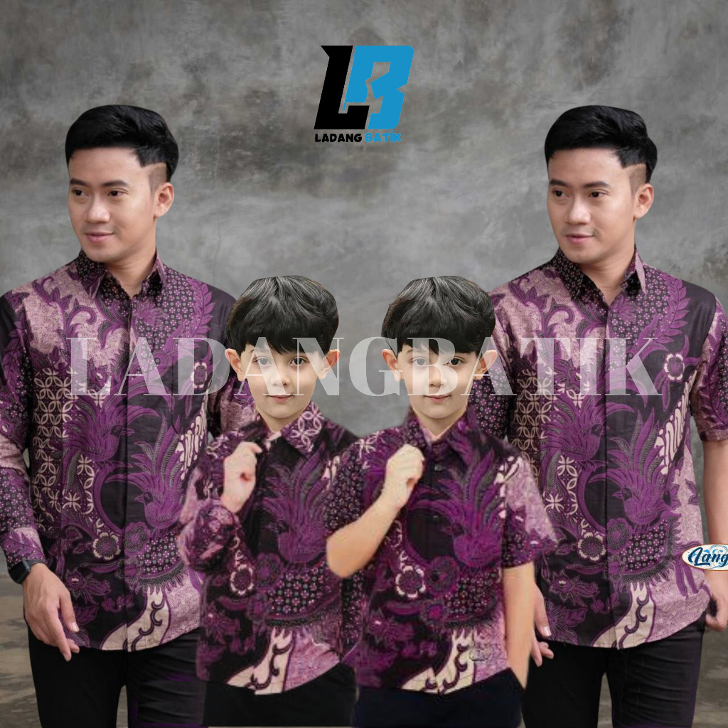 Ladang Batik Couple Ayah Dan Anak Laki laki Modern Motif Batik Mahesa Ungu Lilac Mouve / Batik Anak 