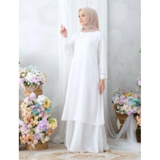 Gamis malaysia ceruty baby doll putih full puring/gamis lebaran