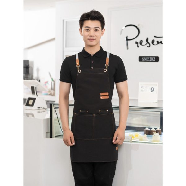 Unik Rhodey Celemek Korea Apron Barista Dapur Masak Anti Air dengan Kantong - Hitam Murah