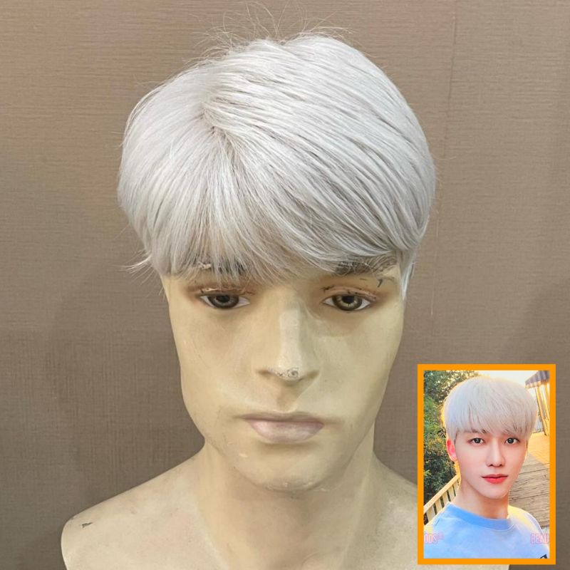 Wig Pria Rambut Pendek Sempong Samping Dengan Poni Warna Putih Uban Natural Rambut Palsu Pria Korea