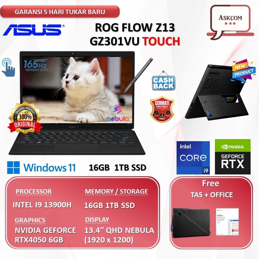 Asus Rog Flow Z13 GZ301VU Touch I9 13900H RTX4050 6GB | 16GB 1TB W11 OHS21 13.4QHD 165HZ I945G6TO