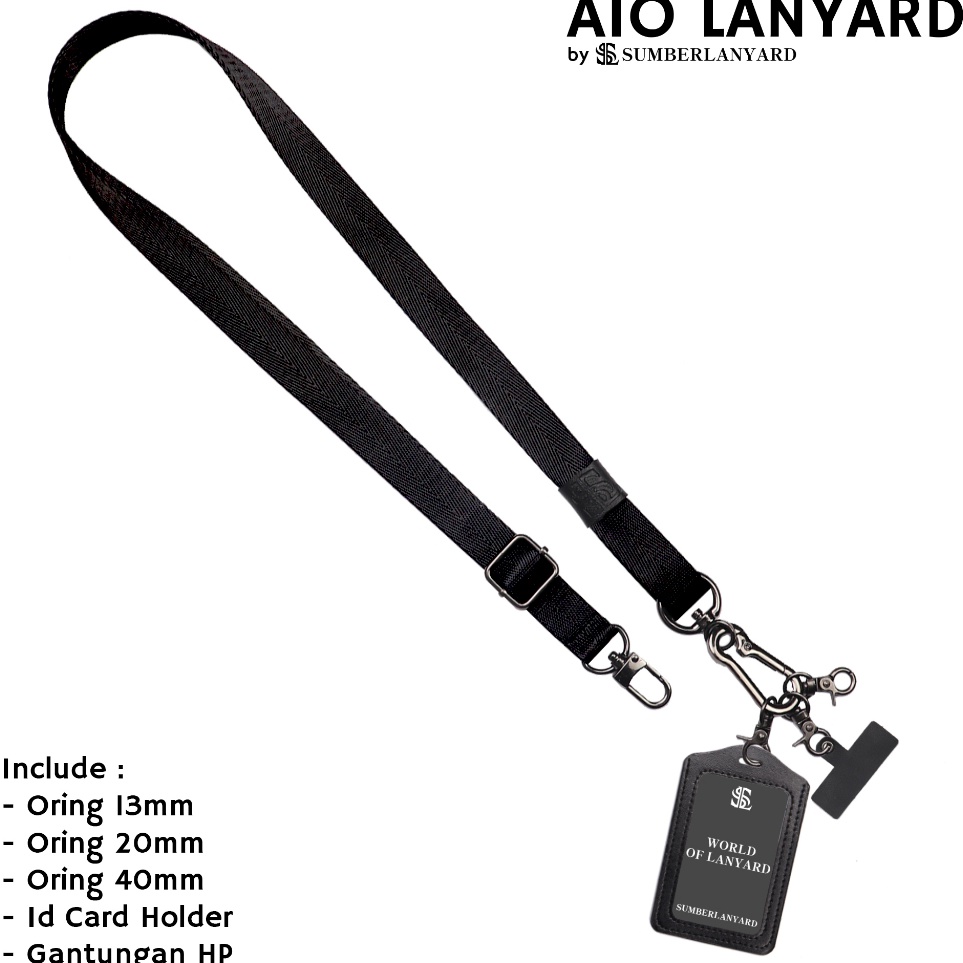 

KODE X84V Sumber Lanyard Tali Idcard Gantungan Hp Nylon Adjustable ALL IN ONE Black 2cm
