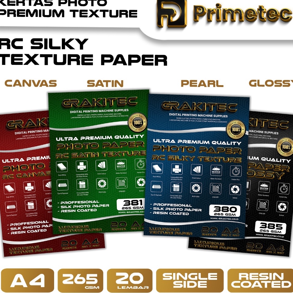 

First Order Kertas Foto Silky Texture A4 Professional Silky Glossy Photo Paper 265 A4 Motif Pearl Canvas Satin Luster Resin Coated Primetec