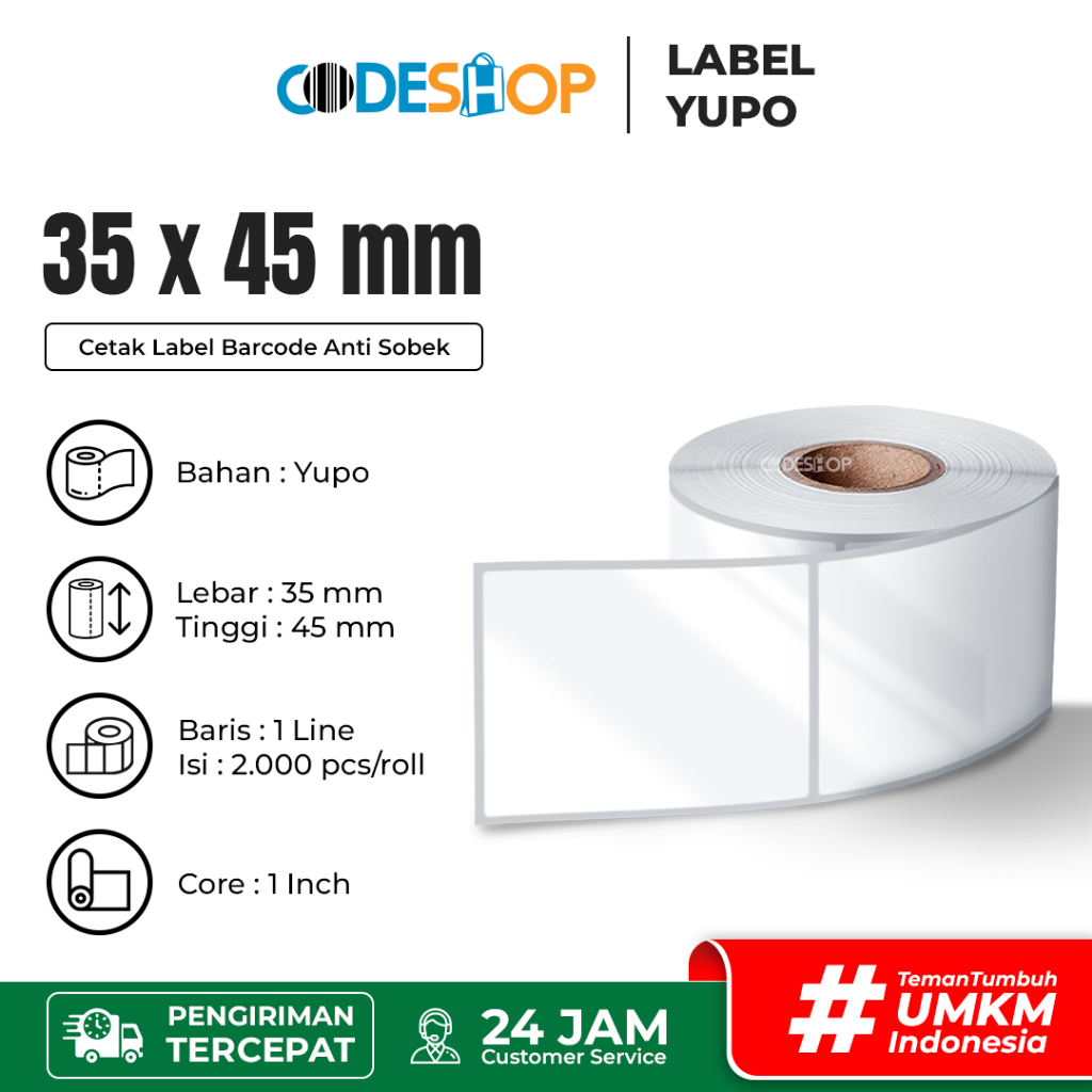 

Codeshop Stiker Label Barcode 35 x 45mm Yupo 1 line isi 2000 Pcs