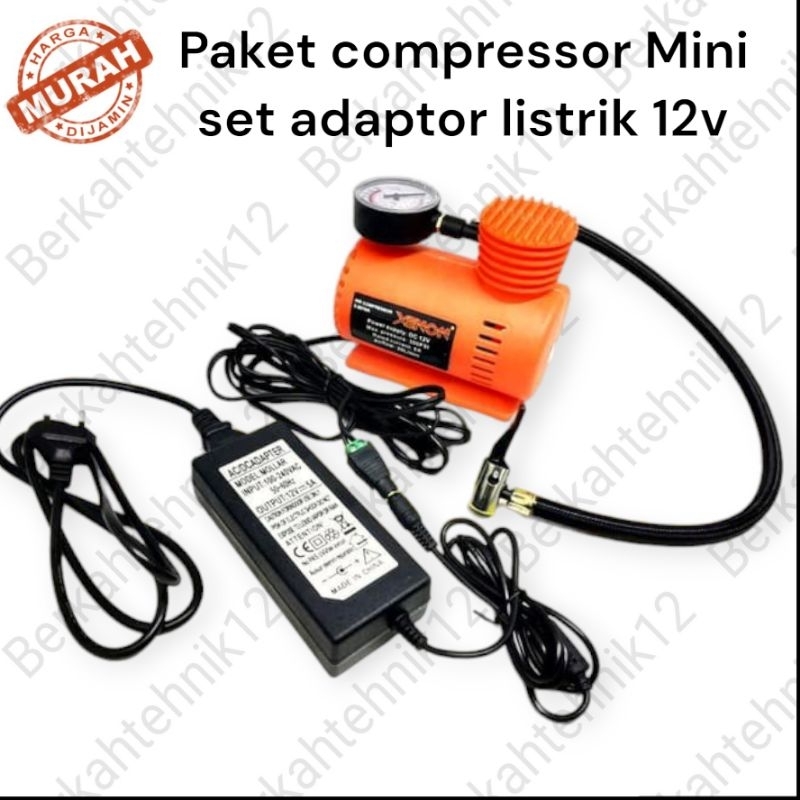 PAKET LENGKAP KOMPRESOR MINI XENON POMPA BAN MOBIL COMPRESSOR CAT & ADAPTOR LISTRIK 12V 5a