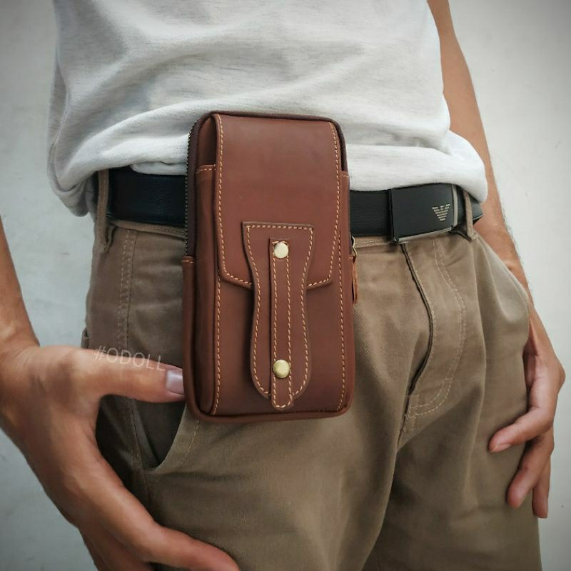 Sarung Hp Pinggang Kulit Asli Sapi Dobel Isi 2 Hp