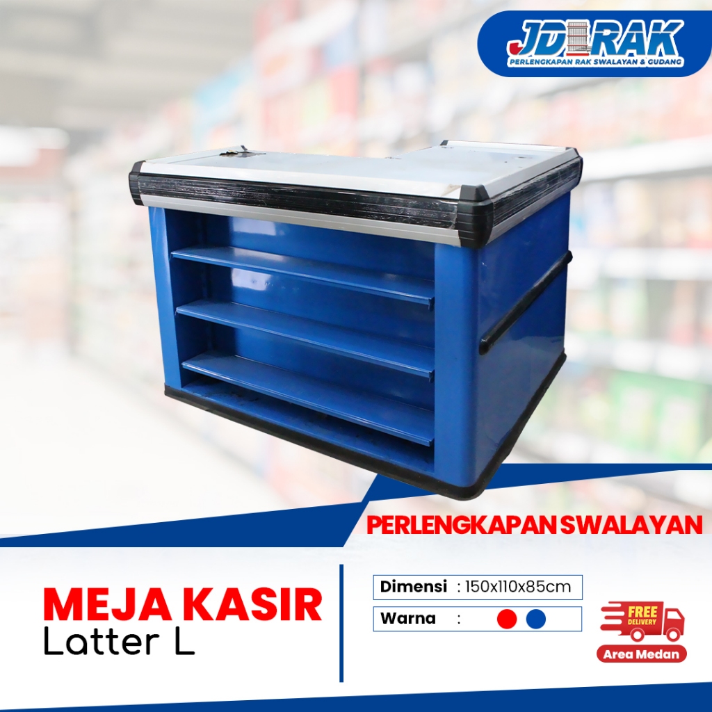 Meja Kasir Minimarket Latter L Red & Blue /Meja Minimarket/Meja Kasir Swalayan