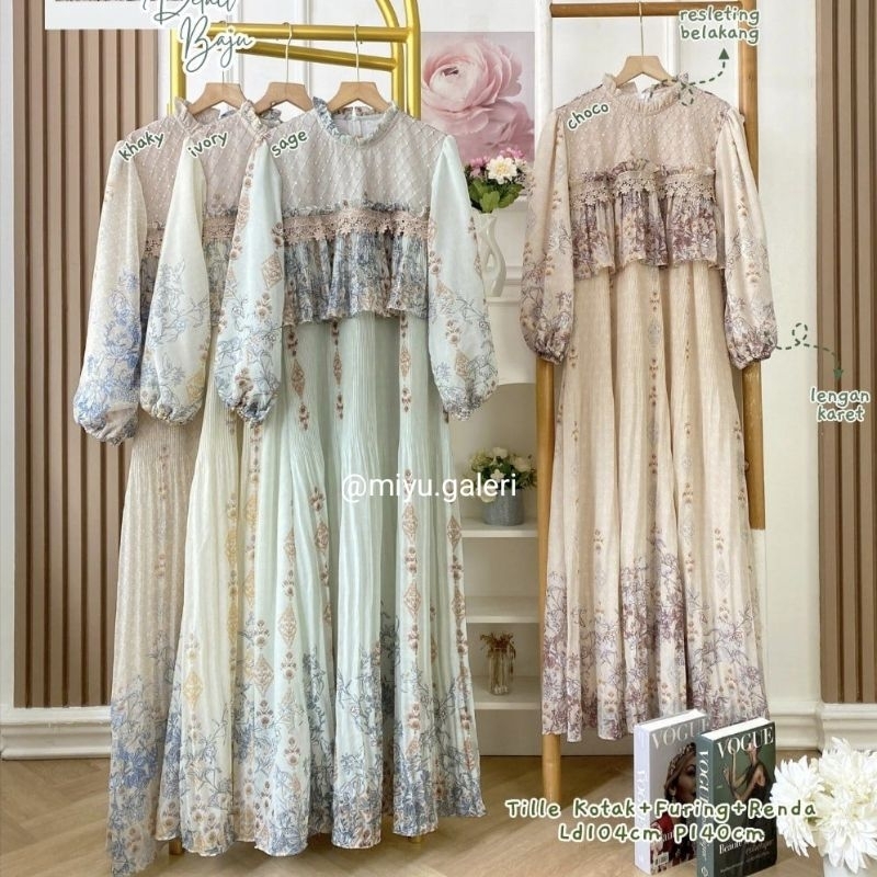 Dress Gamis Tile Renda Gold Plisket Rempel Baju Pesta Kondangan Lebaran Plisket Dada Rumbai motif bu