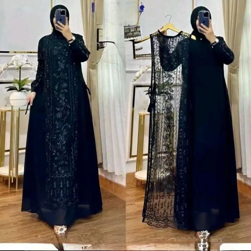 Wilona Dress Baju Gamis Cantik Terbaru Kondangan Elegant Bahan Ceruty Babydoll Full Puring Mix Bruka