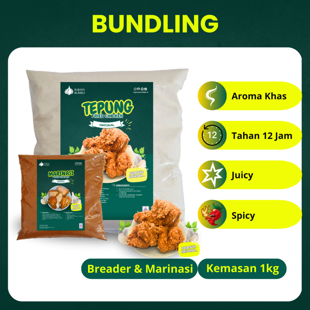 

[PAKET BUNDLING] 1kg Tepung Fried Chicken dan 20 gr Bumbu Marinasi Ayam Siap Pakai