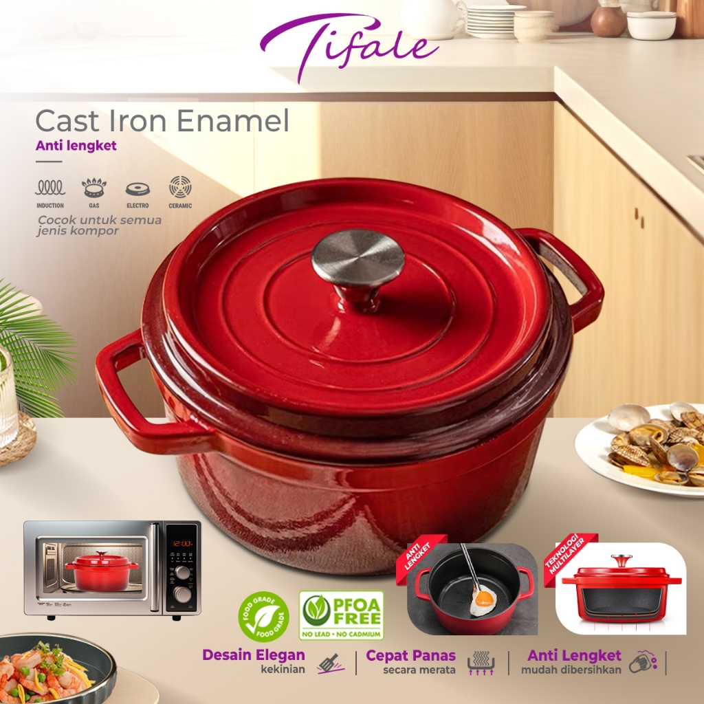 Tifale Enamel Cast Iron 24CM Panci Enamel Besi Cor Panas Merata Anti Lengket Panci Mpasi
