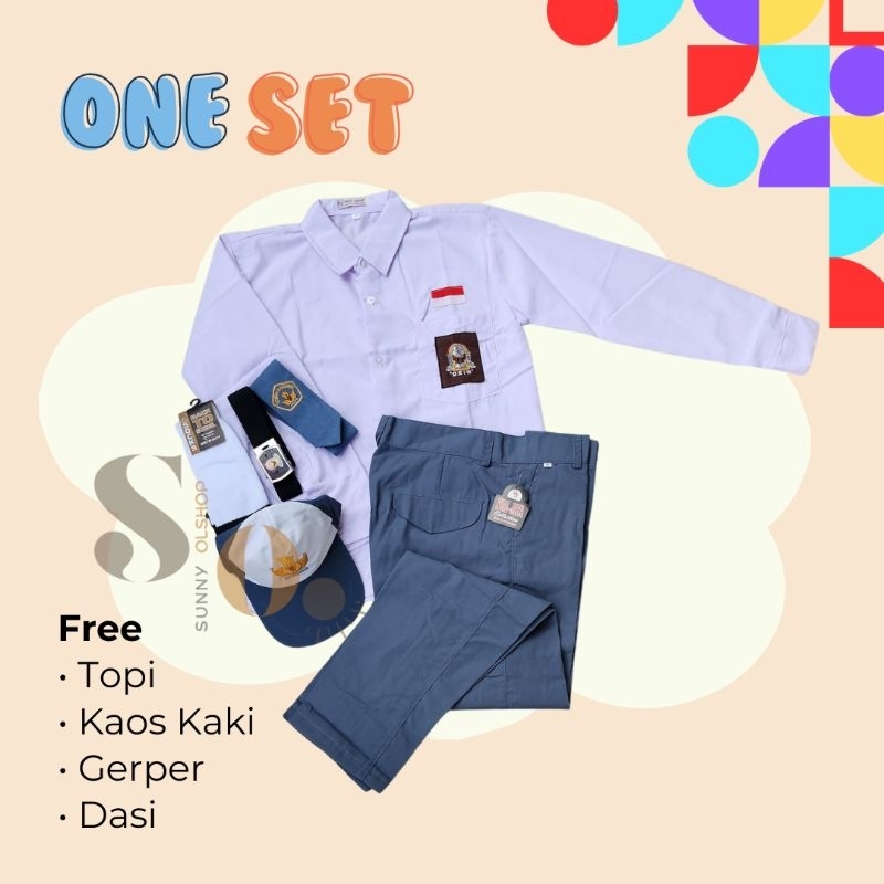 Setelan Super Lengkap Seragam Sekolah SMA Cowok Baju Putih Panjang Celana Abu Panjang Laki
