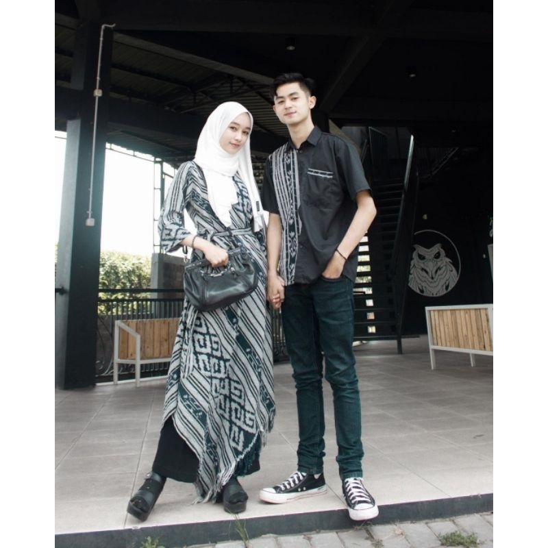 Couple Baju Tenun Abu Abu - Couple Gamis Tenun - Baju Kondangan - Gamis Lancip Abu abu - Baju Tenun 