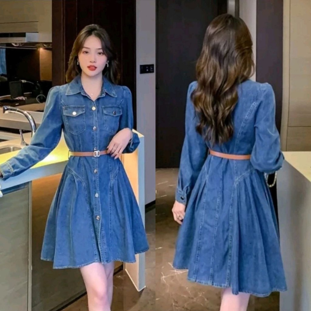 REAL VIDEO EI2415 Mini Dress Jeans Elies / JF / Denim Dress Lengan Panjang / Jeans Fashion / Kasual 