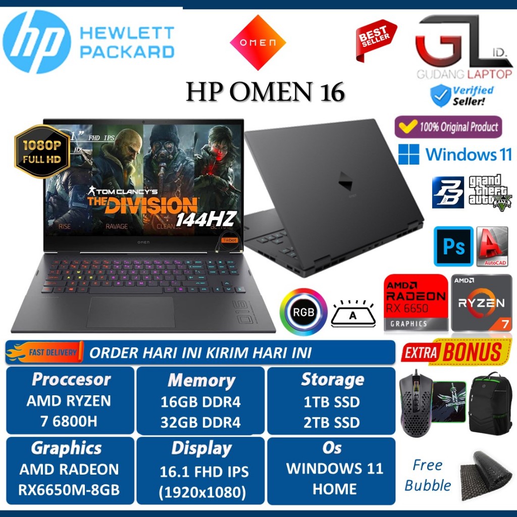Laptop Gaming HP Omen 16 AMD Ryzen 7 6800H 32GB 2TB RX6650M 8GB 16.1 FHD IPS 144HZ RGB Win11 Home