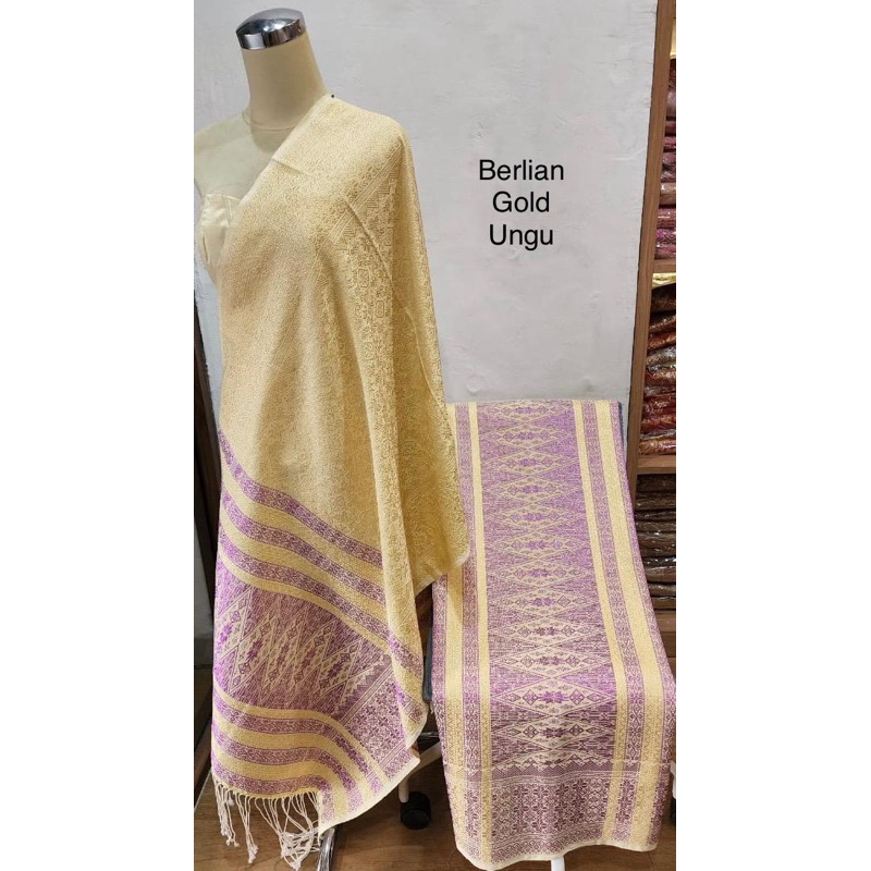 Songket Tumtuman Berlian Bahan Sutera Tanpa Sambungan Songket Modern Warna Gold Ungu