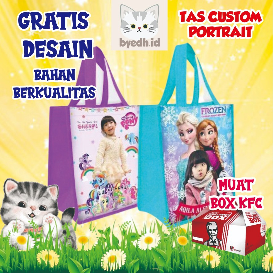 

tas ultah portrait, tas model potrait, tas custom, tas ultah anak, free desain, goodie bag ultah, goodie bag custom