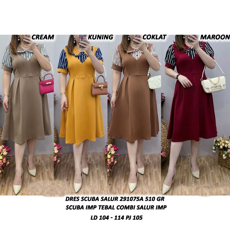 QS 291075 DRESS SCUBA HALUS IMPORT KOMBINASI SALUR
