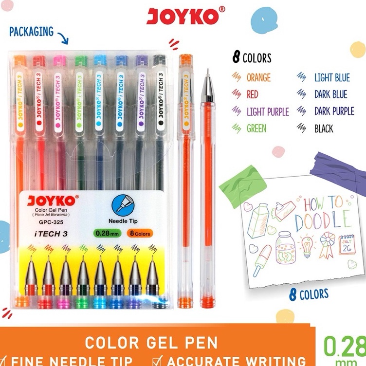 

KODE A38E Color Gel Pen GPC325 iTech3 Pulpen Pena Joyko 1 Set 8 Warna 28 mm