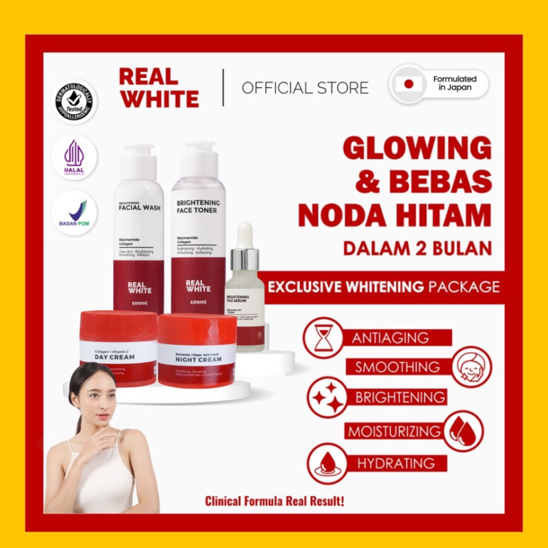 REAL WHITE Exclusive Whitening Package +Tas | BPOM HALAL Paket Skincare Krim Serum Pagi Malam Cream 
